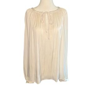 Tahari Oyster White Pleated Tie Neck Blouse XL Long Sleeve Keyhole Top‎